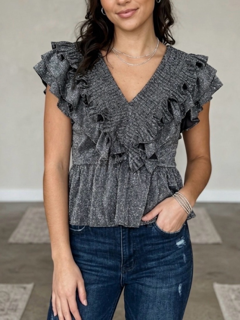 Entro Metallic Glitter Silver Sparkle Ruffle Detail Peplum Top Large